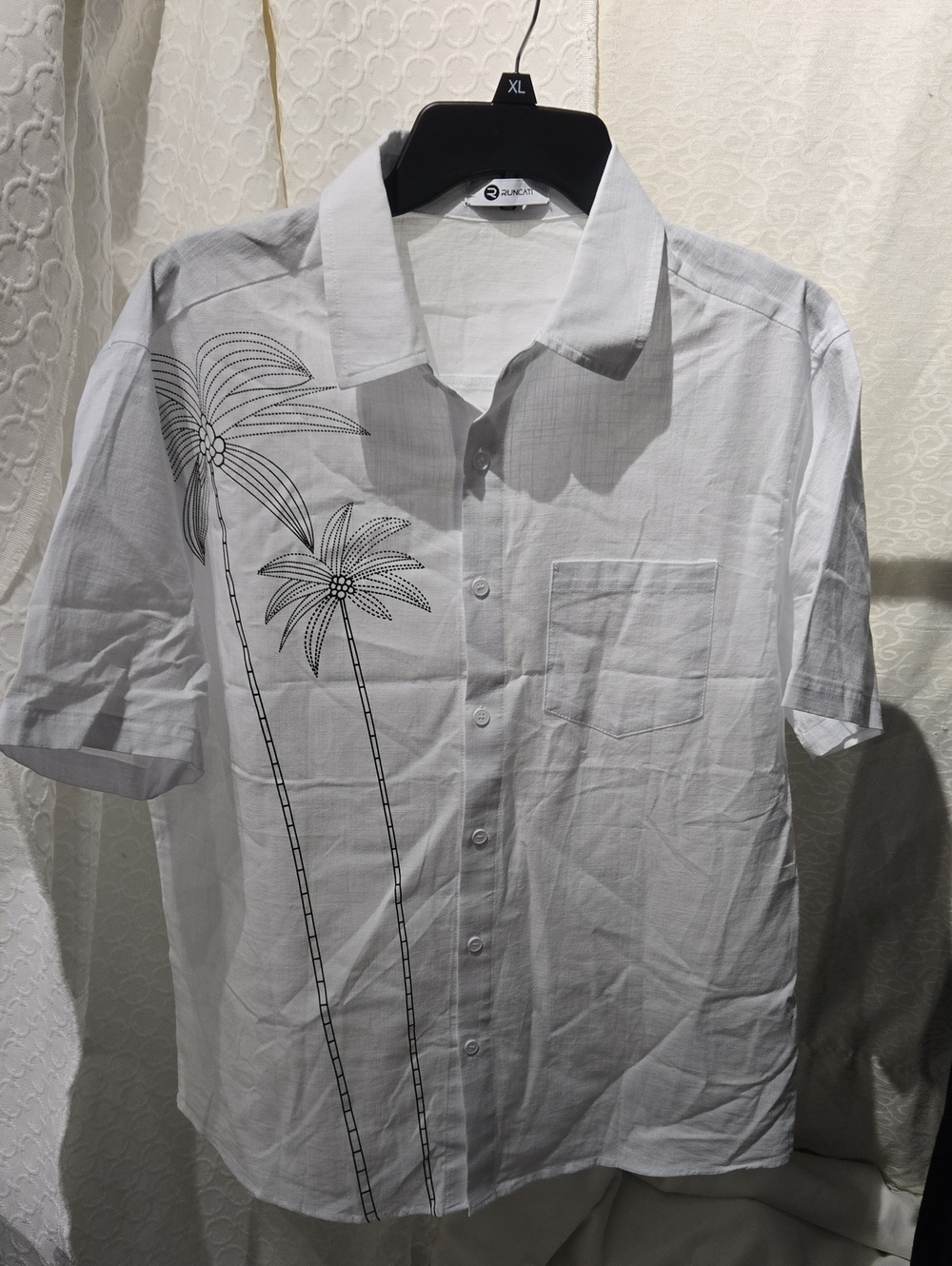 Men's White Short-Sleeve Button-Down Shirt with Palm Print